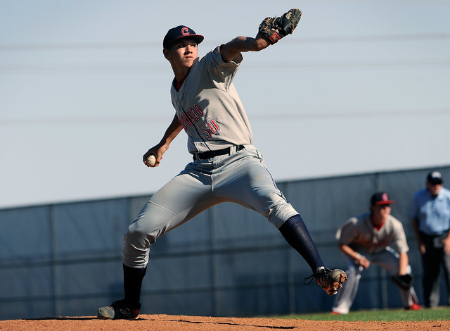 Coronado pitcher Adam Garcia fires the ball against Shadow Ridge during a high school baseba ...