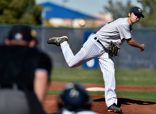 Spring Valley pitcher Joey Melinchok fires the ball against Coronado during a high school ba ...
