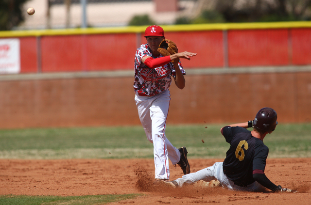 Arbor View’s Jayce Gardner (27) turns a double play after forcing Faith Lutheran&#8217 ...