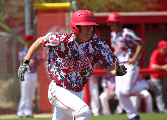 Arbor View’s Sam Pastrone runs for first base against Faith Lutheran on Saturday. Past ...