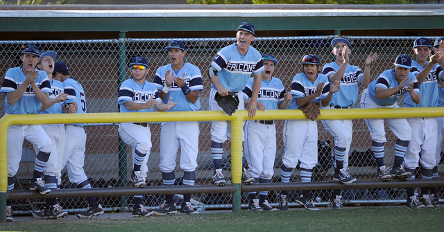 The Foothill bench cheers during a baseball game against Liberty on Monday. Foothill scored ...