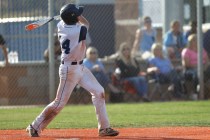 Centennial’s Kyle Horton (34) swings the bat for a home run against Chatsworth in thei ...