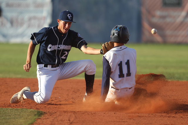 Centennial’s Tanner Wright (11) slides safely to second base after a missed catch by C ...