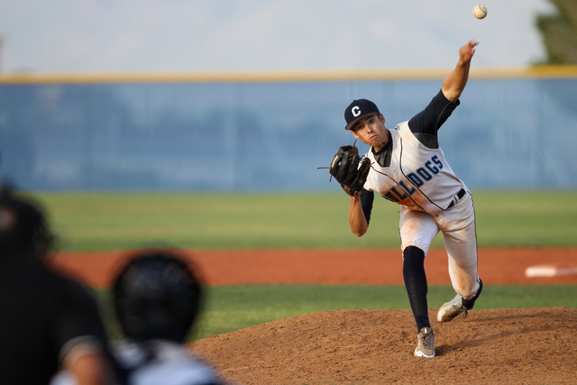 Centennial’s Zachary Dixon (3) pitches against Chatsworth in their baseball game at Ce ...