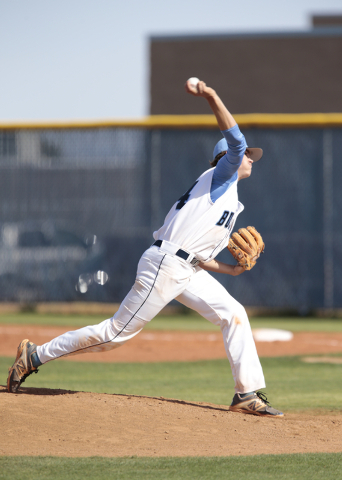 Centennial High School sophomore Kyle Horton (34) pitches during a game against Basic High S ...