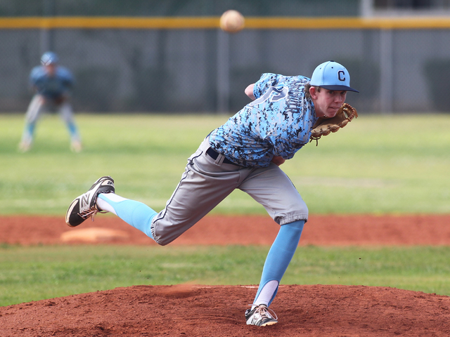 Centennial’s James Harbour delivers a pitch Friday at Silverado. Harbour allowed seven ...