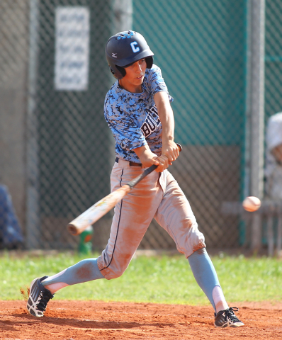 Centennial’s Jacob Horton swings at a pitch Friday at Silverado. Horton went 1-for-3 w ...