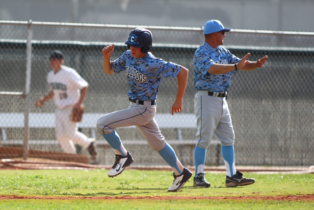 Centennial’s Cooper Powell rounds third base during the third inning Friday at Silvera ...