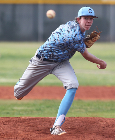 Centennial’s James Harbour delivers a pitch Friday at Silverado. Harbour allowed seven ...