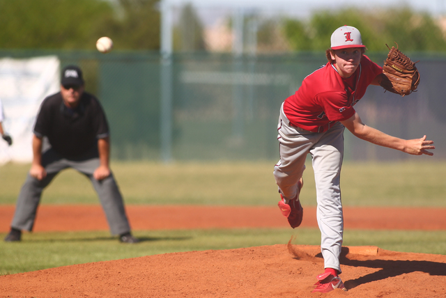Liberty’s Jay Martz (4) pitches in the third inning against Spring Valley on Monday. T ...