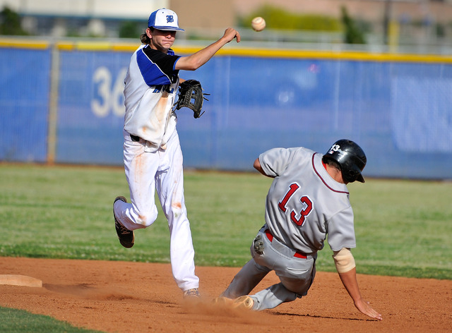 Basic’s Ryne Nelson throws the ball to first base to complete a double play after a fo ...