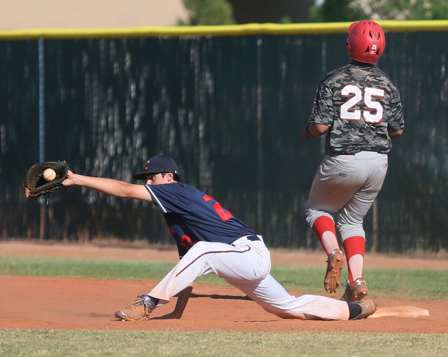 Liberty’s Michael Wong left, stretches for a catch to make a double play at first base ...