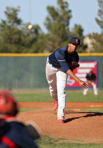 Liberty’s Bailey Daguio pitches during a baseball game against Las Vegas at Liberty Hi ...