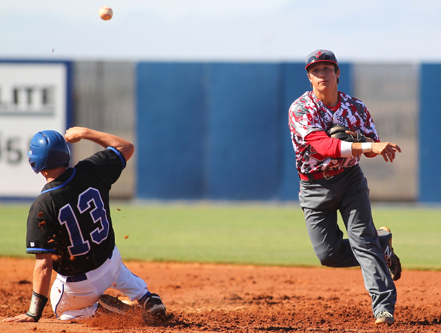 Arbor View’s Nick Quintana (12) throws to first base to complete a double play after f ...