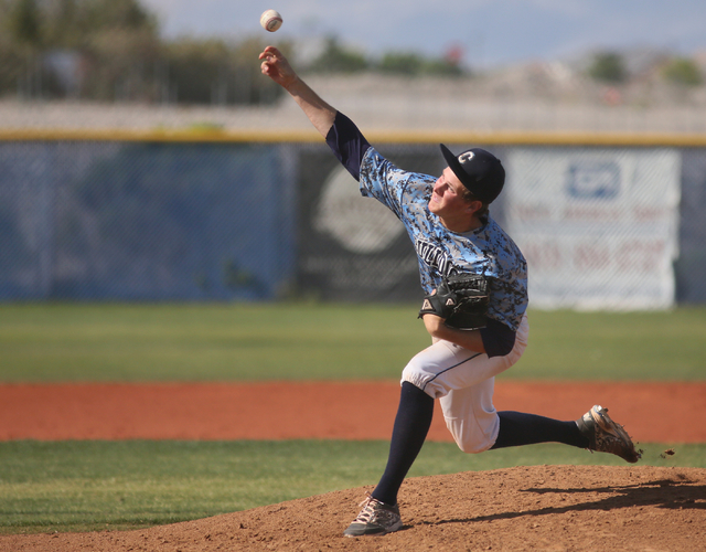 Centennial’s Anthony Saccente pitches during a baseball game against Coronado at Cente ...