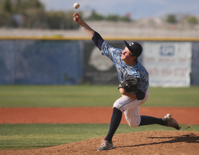 Centennial’s Anthony Saccente pitches during a baseball game against Coronado at Cente ...