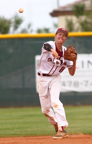 Desert Oasis’ Chase Adams makes a throws to first base in Saturday’s game agains ...