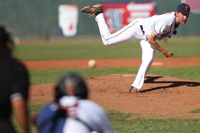Liberty’s pitcher Jacob Klein (17) throws against Silverado in their baseball game at ...
