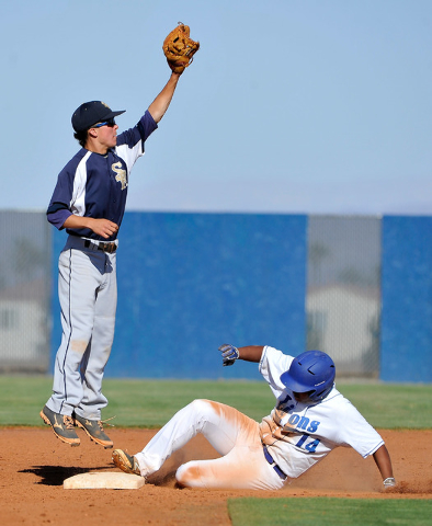 Sierra Vista’s Kavan Alferaz (14) slides safely into second base with Shadow Ridge&#82 ...