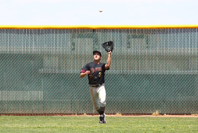 Faith Lutheran’s Cameron Sepede (3) catches a fly ball from Coronado’s Nicco Fes ...