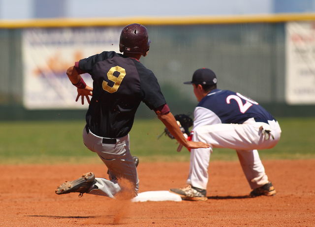 Faith Lutheran’s Joshua Harmonay (9) is forced out at second as Coronado’s Antho ...