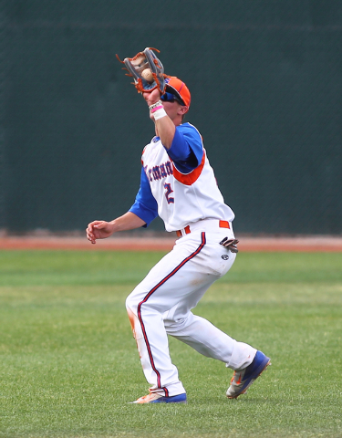 Bishop Gorman’s Cadyn Grenier (2) catches a pop fly of the bat of Cimarron-Memorial&#8 ...