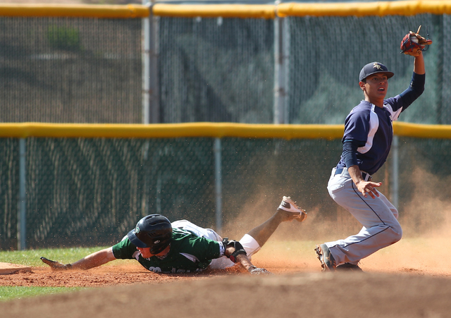 Shadow Ridge’s Robbie Galvan, right, reacts after tagging out Palo Verde’s Bradl ...