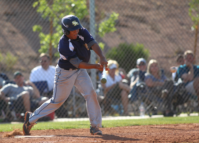 Shadow Ridge’s Eric Jordan looks to hit the ball against Palo Verde on Thursday. Shado ...