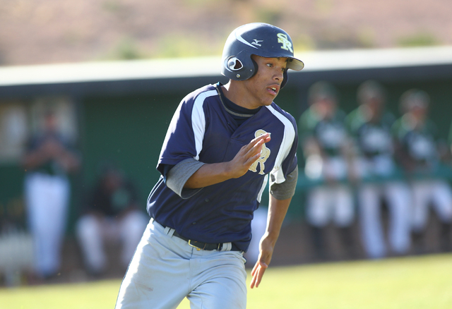 Shadow Ridge’s Eric Jordan runs for first base while playing against Palo Verde on Thu ...