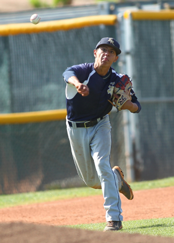 Shadow Ridge third baseman Robbie Galvan throws to first to get an out against Palo Verde on ...