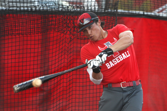 Arbor View short stop Nick Quintana connects with a pitch during batting practice Tuesday, M ...
