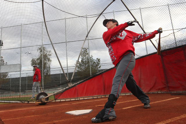 Arbor View short stop Nick Quintana follows through during batting practice Tuesday, March 3 ...