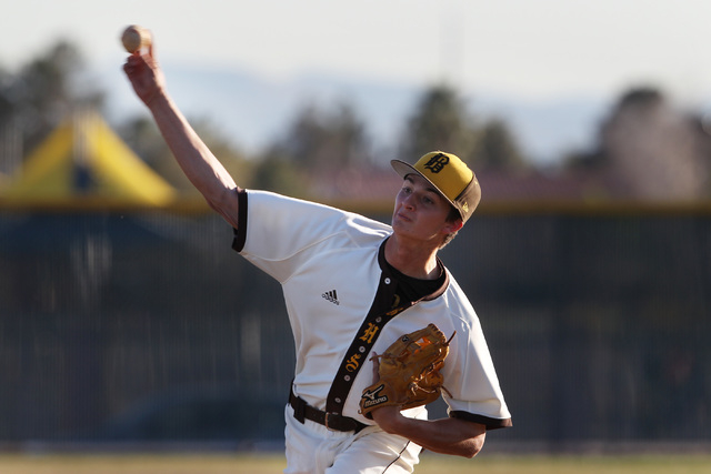 Bonanza pitcher Spencer Faught throws during their 13-0 win over Foothill Thursday, March 5, ...