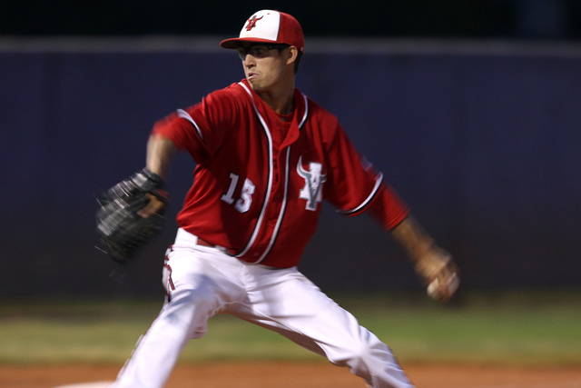 Arbor View pitcher Ben Cutting throws to Green Valley during their Division I baseball game ...