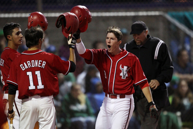 Arbor View’s Sam Pastrone celebrates his two-run home run against Green Valley during ...