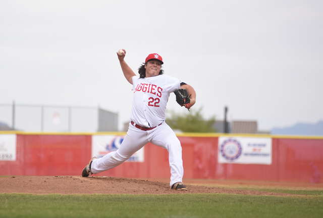 Arbor View’s Brady Borden (22) pitches against Shadow Ridge during their baseball game ...