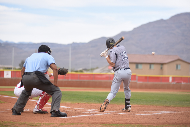 Shadow Ridge’s Isaiah Blaylock (15) swings at a pitch against Arbor View during their ...