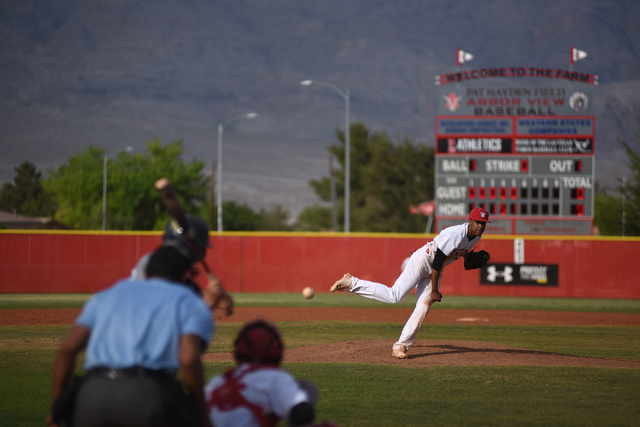 Arbor View’s Trevor Jackson (7) pitches against Shadow Ridge during their baseball gam ...