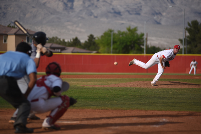 Arbor View’s Jaxson Sproul (28) pitches against Shadow Ridge during their baseball gam ...