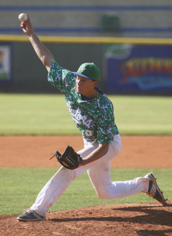 Green Valley’s Christian Straub pitches in a baseball game against Basic at Green Vall ...
