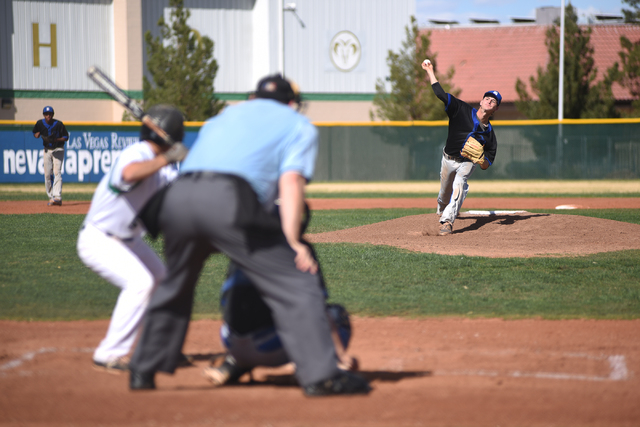 Basic’s Ryne Nelson (29) pitches against Rancho during their baseball game played at R ...
