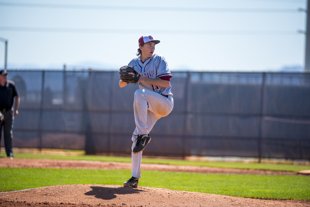 Desert Oasis pitcher Brett Brocoff pitches to Shadow Ridge at Shadow Ridge High School in La ...