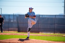 Desert Oasis pitcher Brett Brocoff pitches to Shadow Ridge at Shadow Ridge High School in La ...