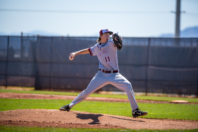Desert Oasis pitcher Brett Brocoff pitches to Shadow Ridge at Shadow Ridge High School in La ...