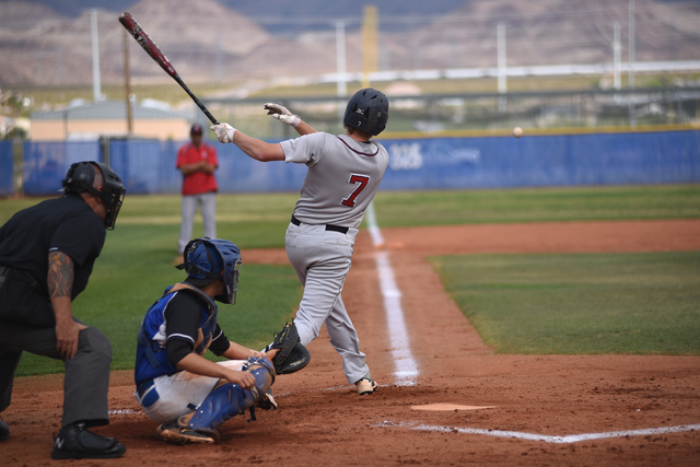 Liberty’s Jacob Klein (7) hits a pitch against Basic during their baseball game played ...