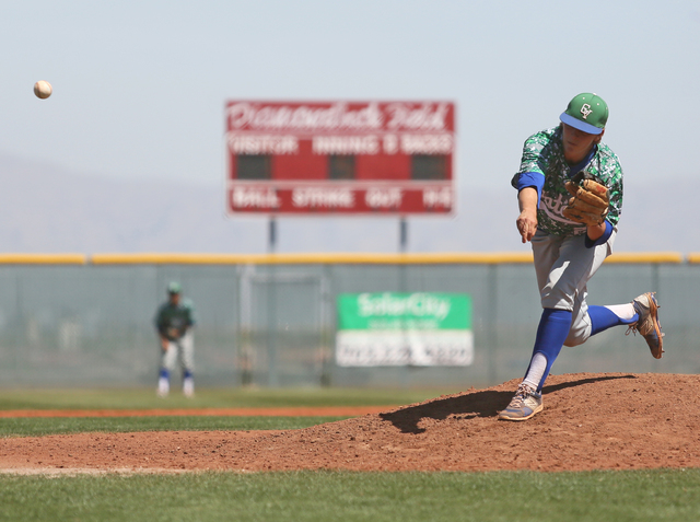 Green Valley’s Spencer Cofer pithces during a baseball game against Desert Oasis at De ...