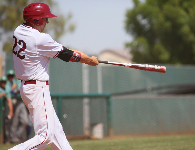 Desert Oasis senior Nolan Kingham swings to hit a home run during a baseball game against Gr ...