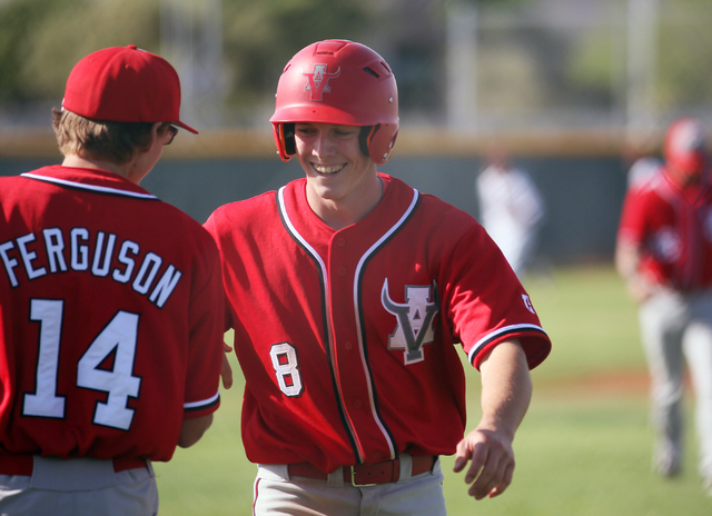 Arbor View’s Sam Pastrone, right, celebrates with teammate Cody Ferguson at the end of ...