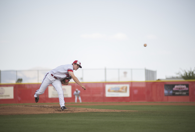 Arbor View’s Sam Pastrone (8) pitches against Desert Oasis during their baseball game ...