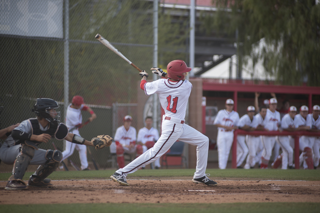 Arbor View’s Jayce Gardner (11) swings at a pitch against Desert Oasis during their ba ...